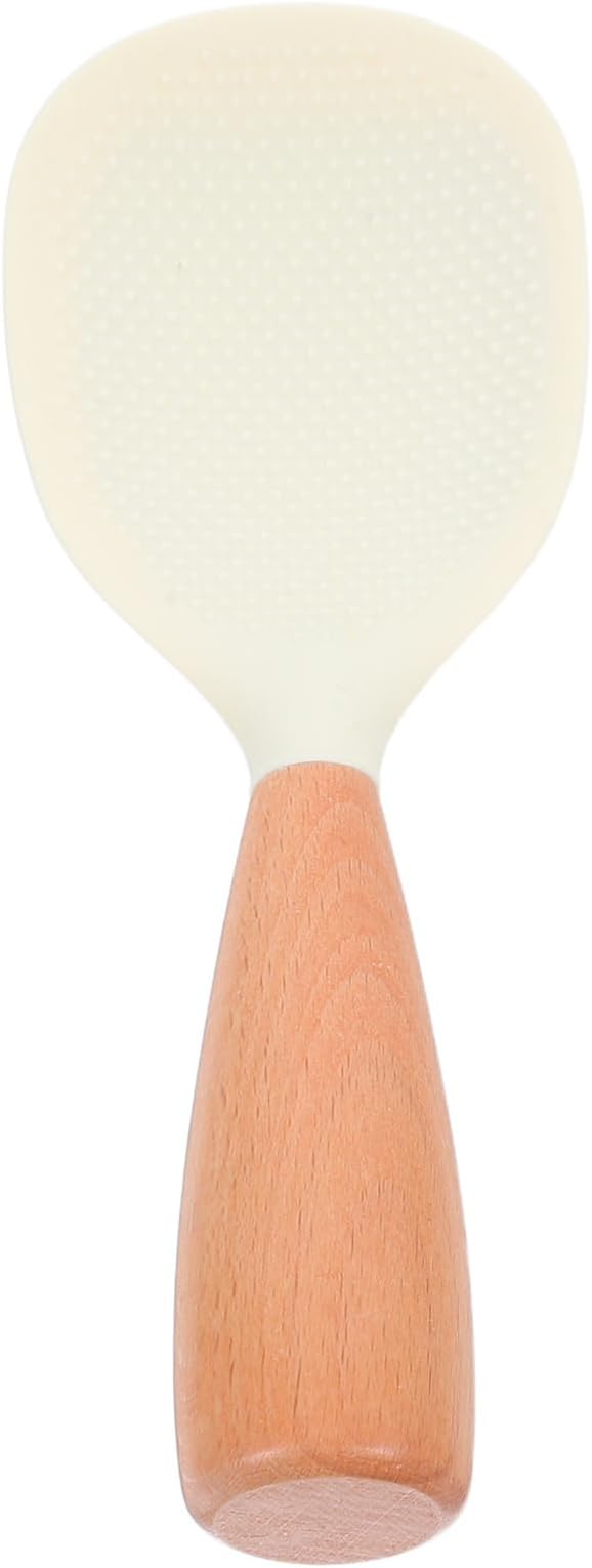Heat Resistant Silicone Rice Paddle with Wooden Handle Non-Stick Self-Standing Rice Scoop for Cooker Ergonomic Anti-Slip Grip Kitchen Serving Spoon