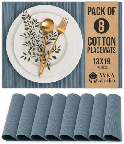 100% Cotton Ribbed Placemats - Set of 8-13 x 19 Inches - Grey - Everyday Cloth Table Mats - Thick Construction, Washable & Reusable Cloth Place Mats - by AVKA Studio
