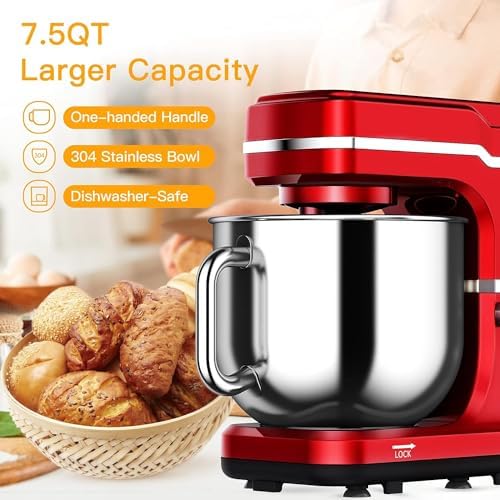 Stand Mixer 10-Speed Electric Kitchen Aid Mixer 7.5QT 660W Low Noise Anti-Shake, Stainless Steel Kitchen Mixers Tilt-Head Dough Mixer with Bowl and Stand, Blender ＆ Dough Hook ＆ Beater ＆ Spatter Cover