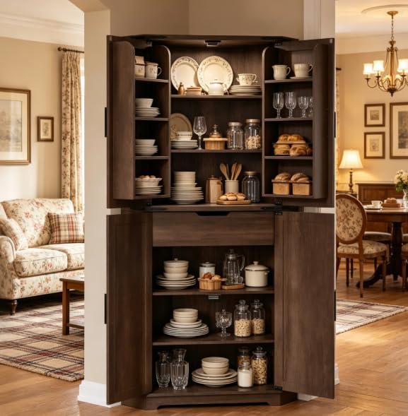 Dripex Tall Kitchen Pantry Cabinet with LED Light, 71" Corner Pantry Brown