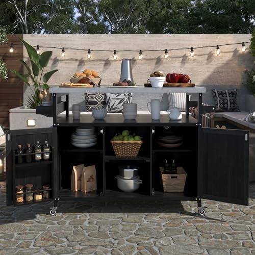 Outdoor Grill Cart with Storage, Rolling Bar Cart and Lockable Wheels, Farmhouse Solid Wood Outdoor Grill Table with Stainless Steel Top, Spice Rack, Towel Rack for Kitchen and BBQ, Black