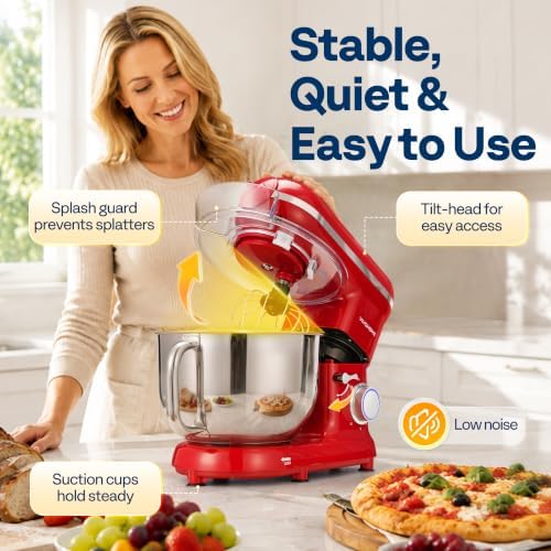 VIVOHOME 3-in-1 Stand Mixer, 6-Quart Tilt-Head Mixer, 10 Speeds, Red