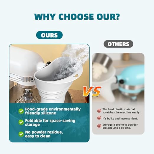 Silicone Flour 5QT 6QT 7QT Long Size Funnel for Kitchen Aid Stand Mixer,Food Grade BPA-Free Silicone Durable Long Version Funnel Fits 5QT 6QT 7QT,Mess-Free Dishwasher Safe Baking Accessory(White-Long)