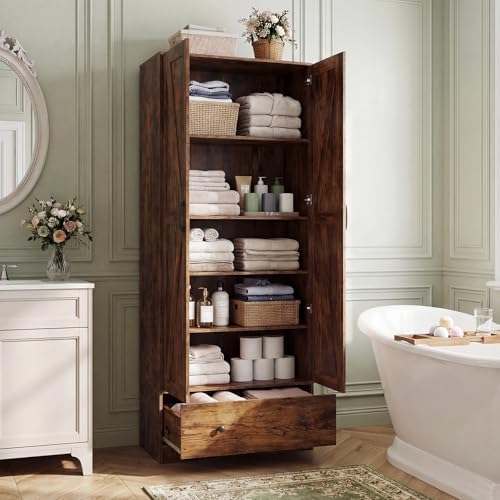 GIANTEX 72" Tall Kitchen Pantry Cabinet, Farmhouse Cupboard, Rustic Brown