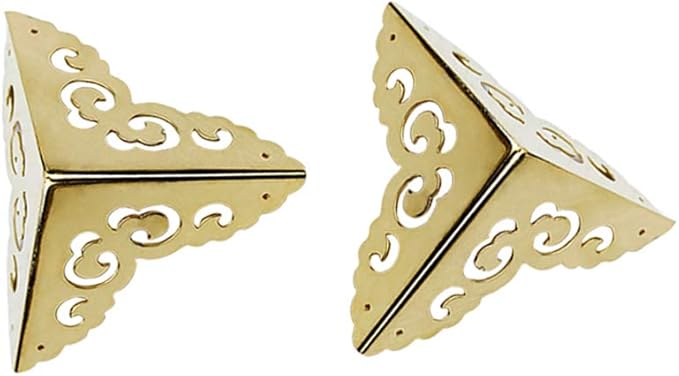4Pcs Vintage Pure Brass Hollow Cloud Pattern Corner Protectors Antique Hardware Desk Edge Wooden Jewelry Gift Box Cabinet Three Sides Full Encase Corner Guard (Gold)