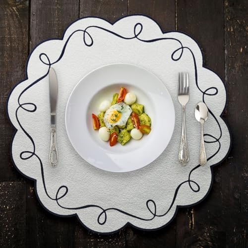 16.5 Inch Ribbon Twirl Embroidery Round Placemats Set of 4, Scalloped Round Table Mats for Party Kitchen Dining Decoration, Navy