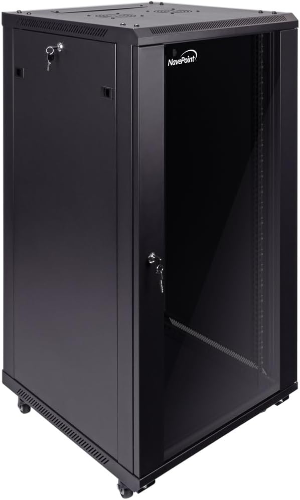 NavePoint 22U Server Cabinet Wall Mount Rack Enclosure with Caster Wheels, 2 Fans, Locking Glass Door, Removable Side Panels – 22U Network Cabinet 23.6” Deep, 19” Server Rack for A/V Equipment