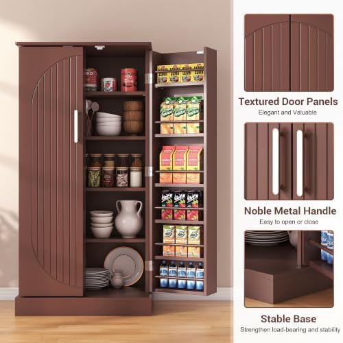 kepptory 47" Kitchen Pantry Cabinet, Freestanding Tall Storage Cabinet with Doors and Adjustable Shelves, Large Food Storage Organizer for Kitchen, Dining Room, Living Room, Farmhouse Cupboard, Brown