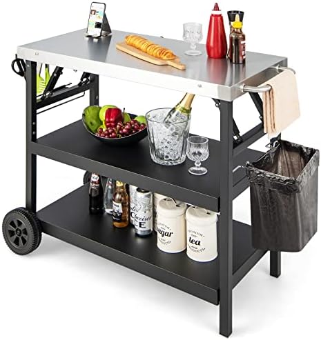 PETSITE Outdoor Grill Cart, Foldable BBQ Pizza Oven Stand, Movable Food Prep Table with Stainless Steel Tabletop & Wheels, Portable Griddle Dining Kitchen Island Cart Station for Bar Patio Outside