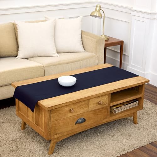 Solino Home 100% Pure Linen Dining Table Runner Navy Woven, Fete 14 x 60 in