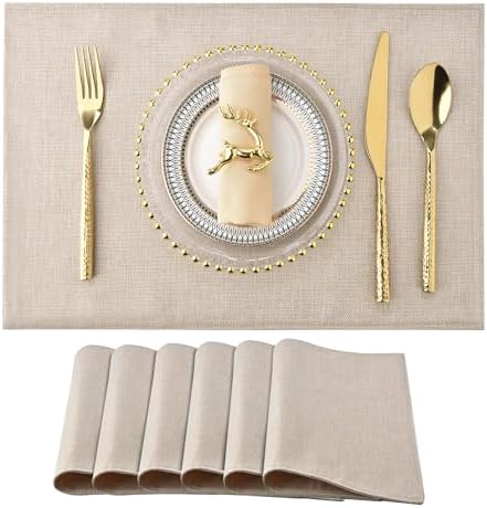 SLKQG Faux Linen Placemats Set of 6, Heat Resistant Washable Double Layer Cloth Place Mats for Dining Table, Wrinkle Resistant Linen Textured Farmhouse Kitchen Decor (6, Light Linen)