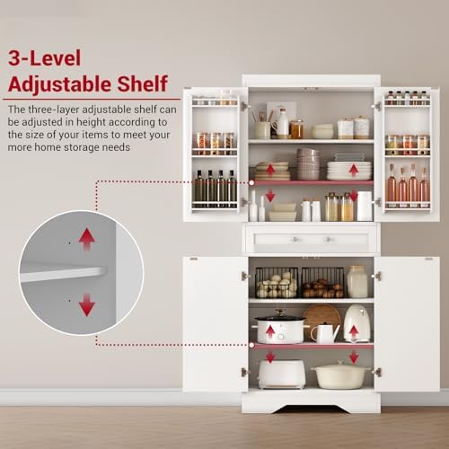 72'' Pantry Cabinet, Farmhouse Kitchen Storage Cabinet with Drawers, Adjustable Shelves, Door Shelves, Tall Kitchen Pantry for Dining Room, White