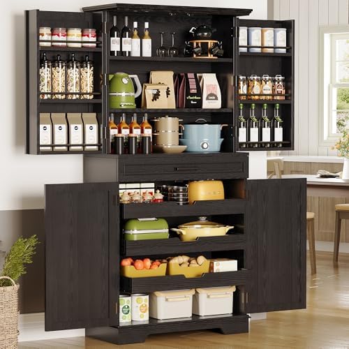 IRONCK 72" Farmhouse Kitchen Pantry Cabinet with Sliding Storage Rack,Black