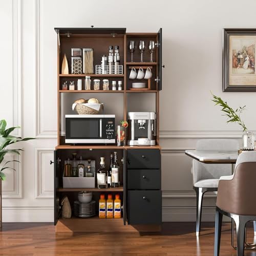 Nightcore Kitchen Pantry Storage Cabinet, 71" Freestanding Pantry with 3 Deep Drawers, Adjustable Shelves, Kitchen Hutch with Microwave Countertop for Dining Room, Living Room (Walnut & Black)