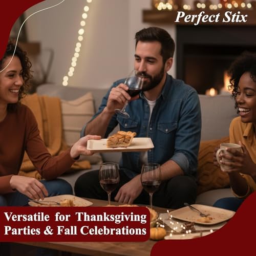 Perfect Stix 10-Inch Wooden Plates with “Friendsgiving” Printed in Burgundy – Eco-Friendly Biodegradable Disposable Dinner Plates – Fall Tableware for Thanksgiving & Friendsgiving Parties – Pack of 25