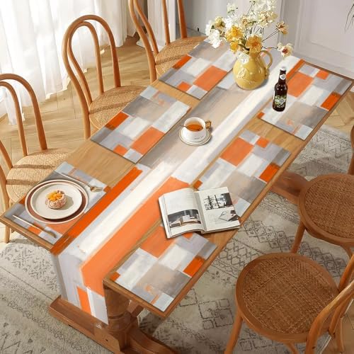 Mcalk Orange Table Runner and Placemats Set of 6, Abstract Brown Placemats, Modern Cloth Place Mats Indoor for Kitchen,Washable Linen Material for Dining Table