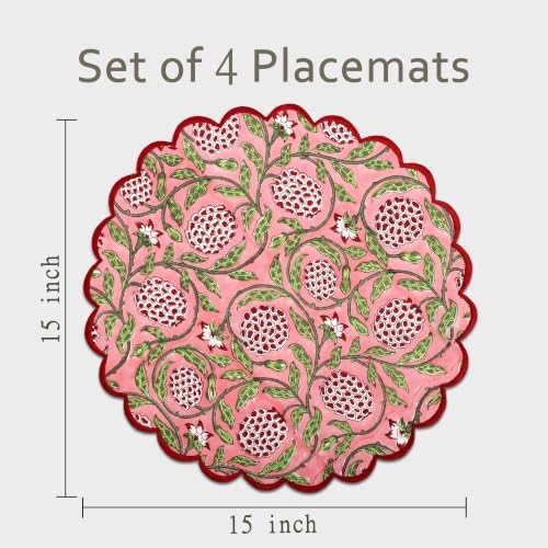 Ridhi Floral Block Print Round Placemats 15 Inch, Set of 4, Strawberry Pink