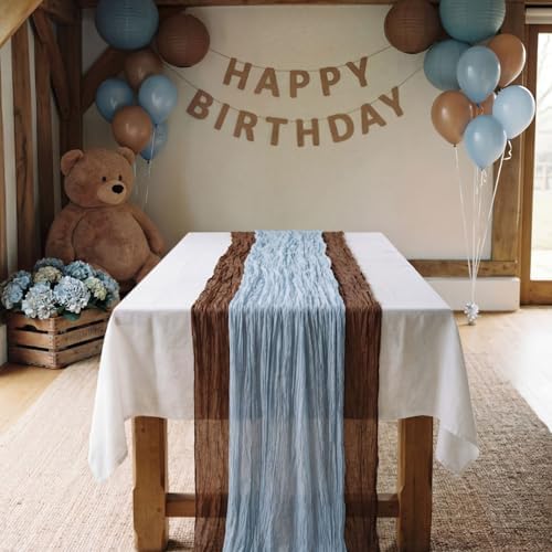 6 Pcs 118" Blue and Brown Cheesecloth Table Runner
