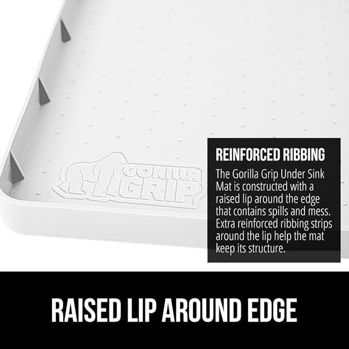 GORILLA GRIP Waterproof Silicone Under Sink Mat with Raised Lip for Kitchen and Bathroom, 28 x 22 in, Cabinet Shelf Liner Stay in Place Mats Dishwasher Safe Drawer Liner, Organizer Tray, White