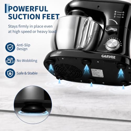 Garvee 5.3 QT Tilt-Head Stand Mixer, 500W Motor, 10-Speed Electric Kitchen Mixer with Stainless Steel Bowl, Dough Hook, Flat Beater & Wire Whisk for Bread Dough, Cake, Cookies & Pizza, Black