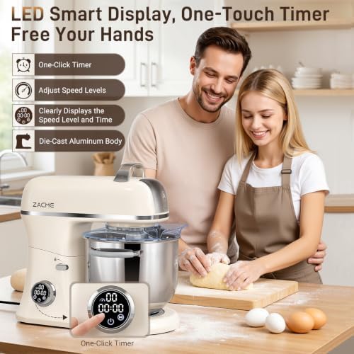 ZACME 7 Quart Stand Mixer Aluminum Die Casting, 650W 12 Speed Tilt-Head Kitchen Electric Stand Mixer, Household Food Mixer with Stainless Steel Bowl, Dough Hook, Whisk and Beater-Cream