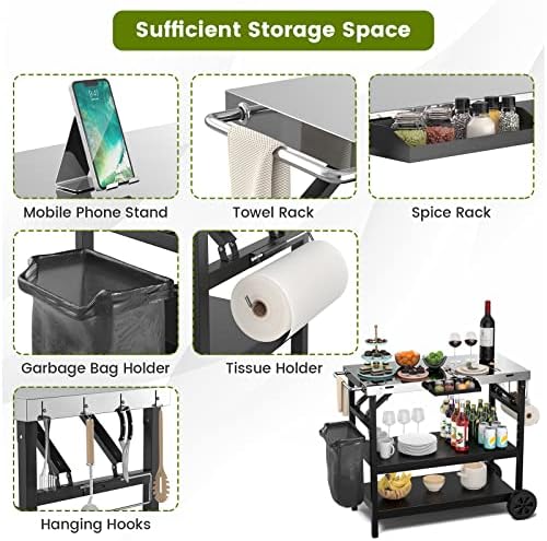 GIANTEX Outdoor Grill Cart with Wheels, Food Prep Table with 3 Storage Shelves, Detachable Spice Rack, Garbage Bag Holder, 4 Hooks, Movable Dining Cart Worktable Trolley for Outside Kitchen BBQ