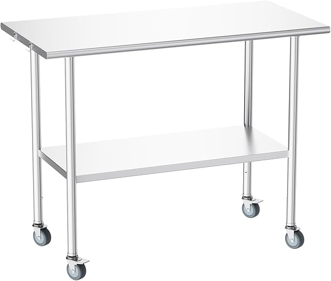 All-Stainless Steel Prep Table, 24 X 48 Inches, with Wheels and Adjustable Undershelf, Heavy-Duty for BBQ,Restaurants,Hotels,Workshops,Kitchens,Gardens, and Garages
