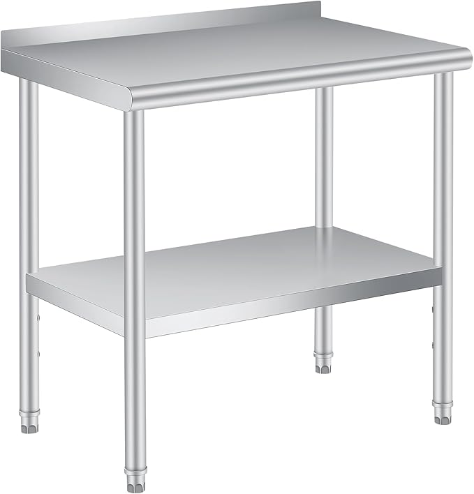 Stainless Steel Prep Table, 36 x 24 Inches, with Backsplash, Adjustable Undershelf and 4 Caster Wheels, Commercial Heavy Duty Table with Adjustable Under Shelf for Outdoor Use,Restaurants,Hotels,Works