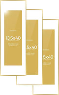 Homeforia 13.5x40 Panoramic Frame Gold, High End Metal 13.5x40 Picture Frames with Mat 10x30 Photo, 13.5 x 40 Poster Frames Matted to 10 by 30 Print, 40x13.5 Frames, Tempered Glass, Wall Kit, Set of 3