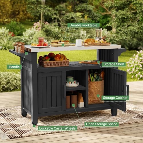 Bifanuo Outdoor Grill Table Grill Cart with Stainless Steel Top & Storage Cabinet for Food Prep and Storage, Portable and Durable with Wheels(Classic Black)