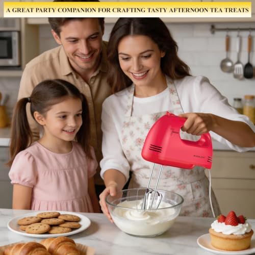 BAIGELONG Hand Mixer. 7-Speed Adjustable Kitchen Electric Mixer. With 5 Stainless Steel Attachments: 2 Hooks, 2 Beaters, 1 Whisk. Comes 1 Storage Box. Perfect for Bakers and New Starters, Red