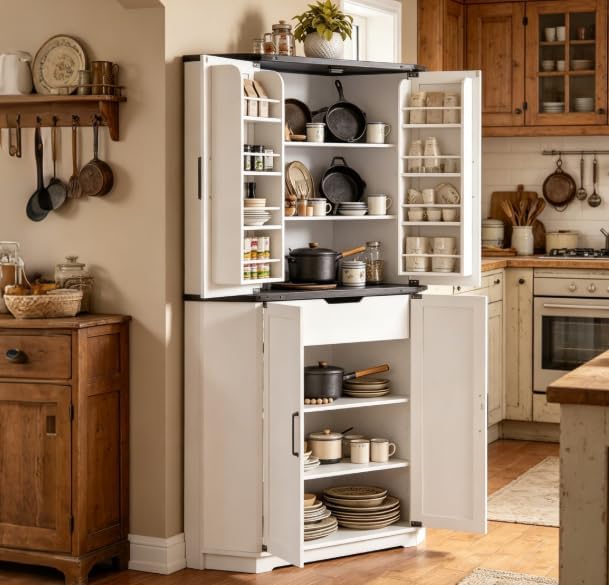 Dripex Tall Kitchen Pantry Cabinet with LED Light, 71" Corner Pantry White