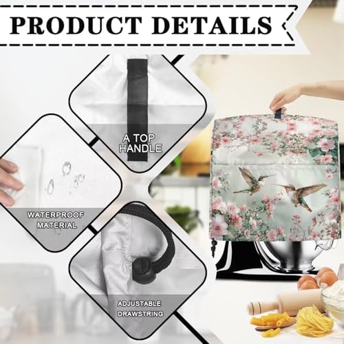 Hummingbird Flower Mixer Cover Protector Compatible with 4-8 Qt Kitchen Aid Mixer Covers Anti-Stain Kitchen Appliance Dust Cover with Handle Pockets