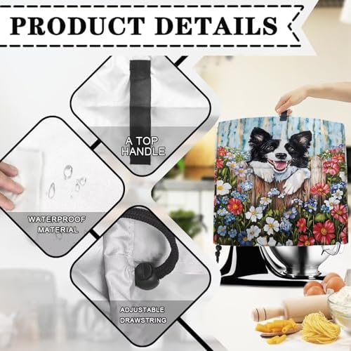 Generic Cute Border Collie Stand Mixer Cover, Kitchen Dust Cover for 6-8 Quart Stand Mixer, Lightweight, Waterproof, Polyester, Drawstring Closure, Two