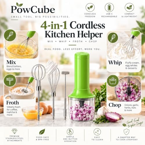 Cordless Hand Mixer, 4-in-1 Handheld Electric Mixer with Electric Whisk Frother & 10 oz Mini Food Chopper, USB-C Rechargeable 4-Speed Hand Mixer for Eggs, Cream, Coffee & Small-Batch Prep