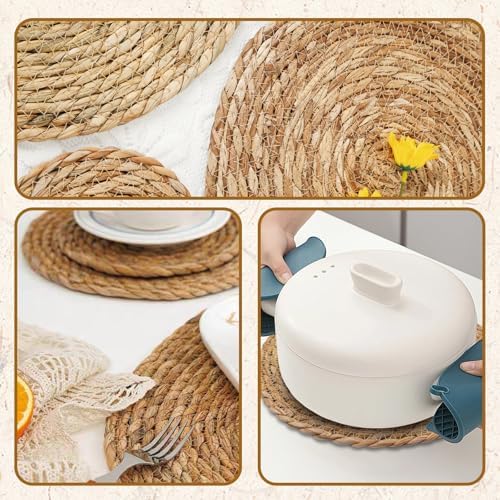 Round Woven Placemats Set of 4, with 72 Inches Long Farmhouse Macrame Table Runner Burlap Cotton Linen Table Runners Chargers for Dinner Plates, Beige & Brown