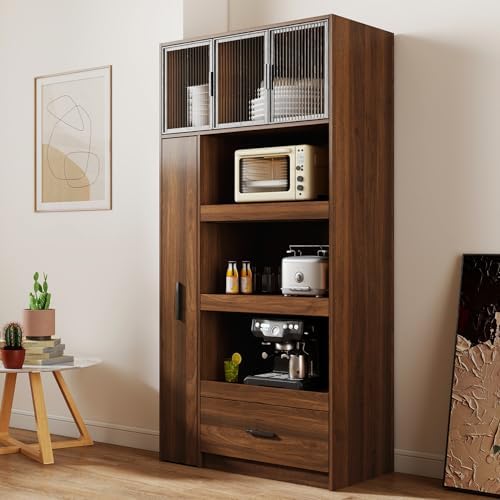 Jmyab 70.87" Tall Kitchen Pantry Cabinet, Storage Cabinet with Multi Shelves and Drawers, Tall Kitchen Pantry with Microwave Stand for Living Dining Room, Walnut