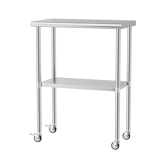Stainless Steel Table with Wheels 18 x 30 Inches Metal Prep Table with Adjustable Undershelf & Casters for Commercial Kitchen, Outdoor, Restaurant, Hotel & Garage