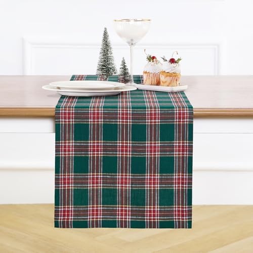 Solino Home 100% Pure Linen Dining Table Runner Green Plaid, 14 x 60 in