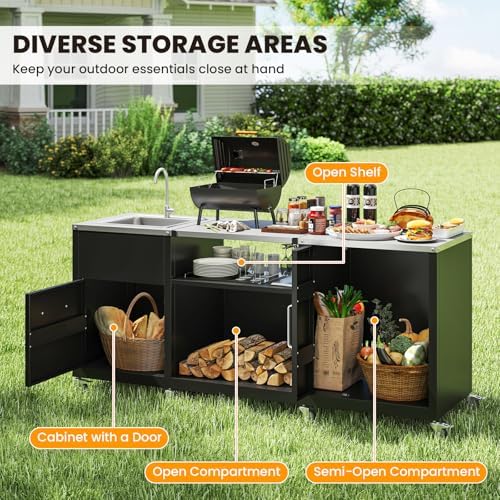 Happygrill 80” Outdoor Grill Table with Sink & Drainage, Wheels