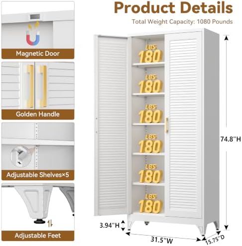 Polup 75" Pantry Cabinet, Tall Metal Storage Cabinet with Doors and Shelves