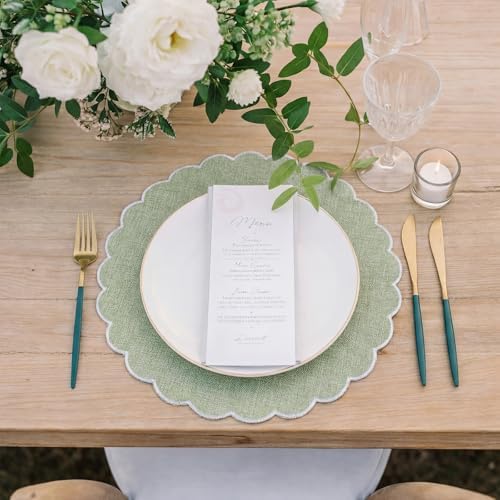 Set of 6 Sage Green Cotton Placemats 15" Round Scalloped White