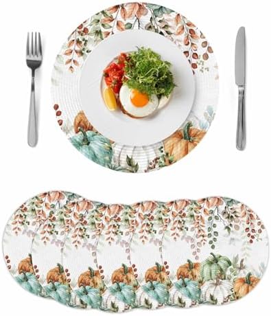Fall Round Placemats Set of 6 Thanksgiving Autumn Eucalyptus Leaf Place Mats Woven Placemat Sage Green Maple Leaves Pumpkin Circle Braided Table Mat for Kitchen Holiday Party Fall Decor 15 Inch