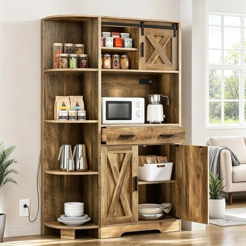 DWVO 67" Pantry Cabinet with Power Outlet & Barn Doors, Rustic Brown