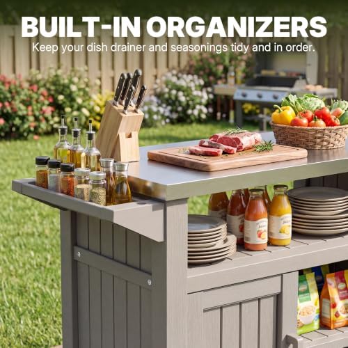 Fancyango Rolling BBQ Prep Cart – Outdoor Grill Table with Wheels-Grey