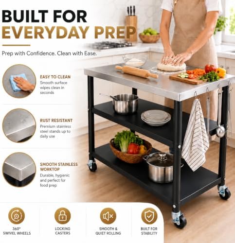 100% Stainless Steel Outdoor Grill Table, Heavy Duty BBQ Rolling Grill Cart for Patio Backyard Pizza Oven
