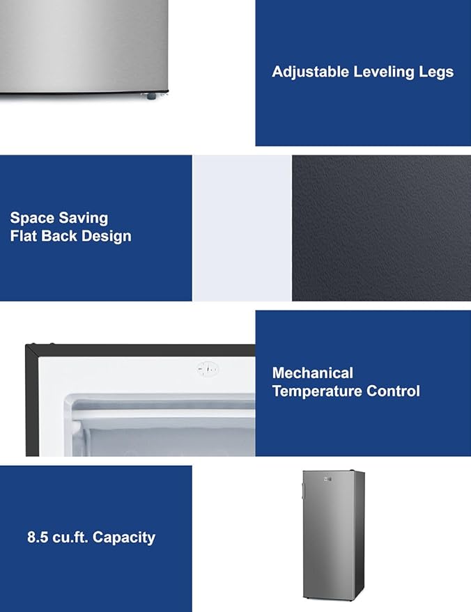 BLACK+DECKER 8.5 Cu. Ft. Upright Freezer, Stand Up Freezer with Mechanical Temperature Control,Freezer with 3 Shelves and 4 Door Bins, Manual Defrost,R600a Refrigerant, BUF850LS,Stainless Steel Look