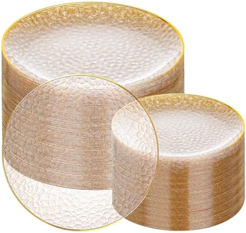 Rubtlamp 100Pcs Clear Gold Plastic Plates, Gold Glitter Disposable Plates, Hammered Plastic Plates Included 50 Dinner Plate And 50 Dessert Plate for Weddings Party Birthday