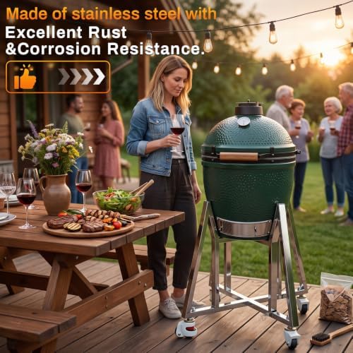 Large Big Green Egg Nest, Adjustable Expandable Grill Stand with Heavy Duty Leveling Casters, Powder Coated Steel Rolling Cart for BGE Smoker & Kamado Joe Accessories