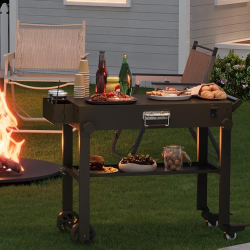 Heavy Duty Portable Grill Cart for Blackstone 17"/22" Griddle – Collapsible Outdoor BBQ Table with Stainless Steel Top, Locking Wheels, Perfect for Camping, Catering, Farmers Market